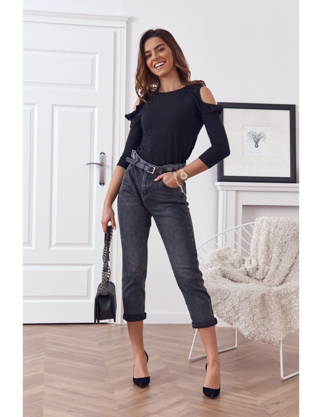 Denim pants with a mom belt, black, 0110 - Online store - Boutique